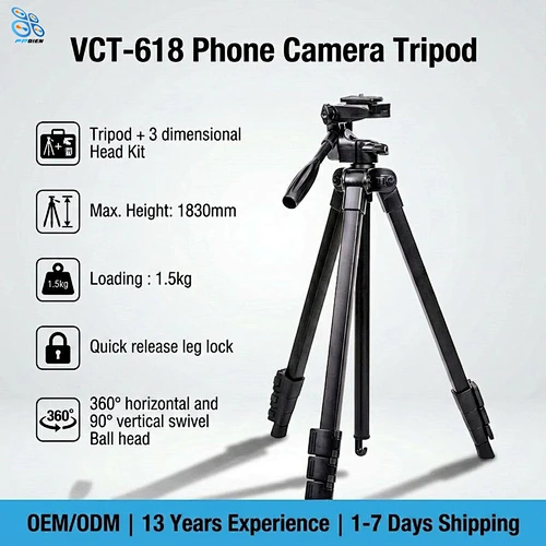 VCT-618 Camera Tripod 360 Degrees Rotate 90 Degrees Vertical Ball Head  1.5kg Load 1830mm Aluminum Camera Phone Tripod Stand for Mobile Phone Camcorder Photography LIvestream